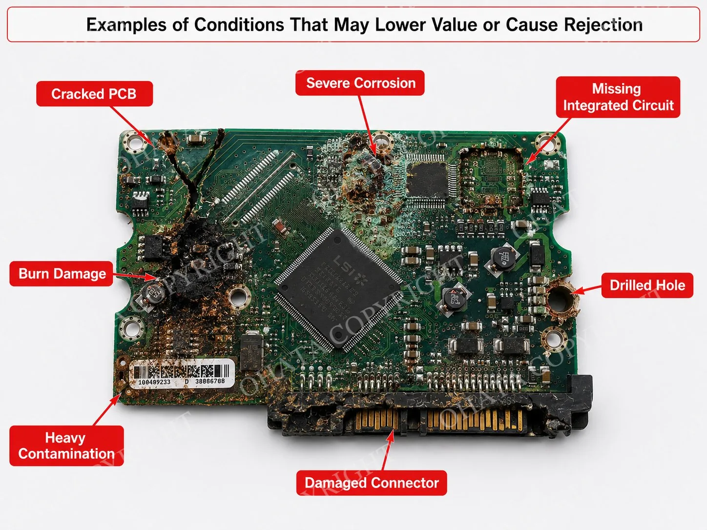 Cracked PCBs, severe corrosion, burn damage, missing integrated circuits, damaged connectors, drilled holes, or heavy contamination may lower the purchasing value or result in rejection after inspection.