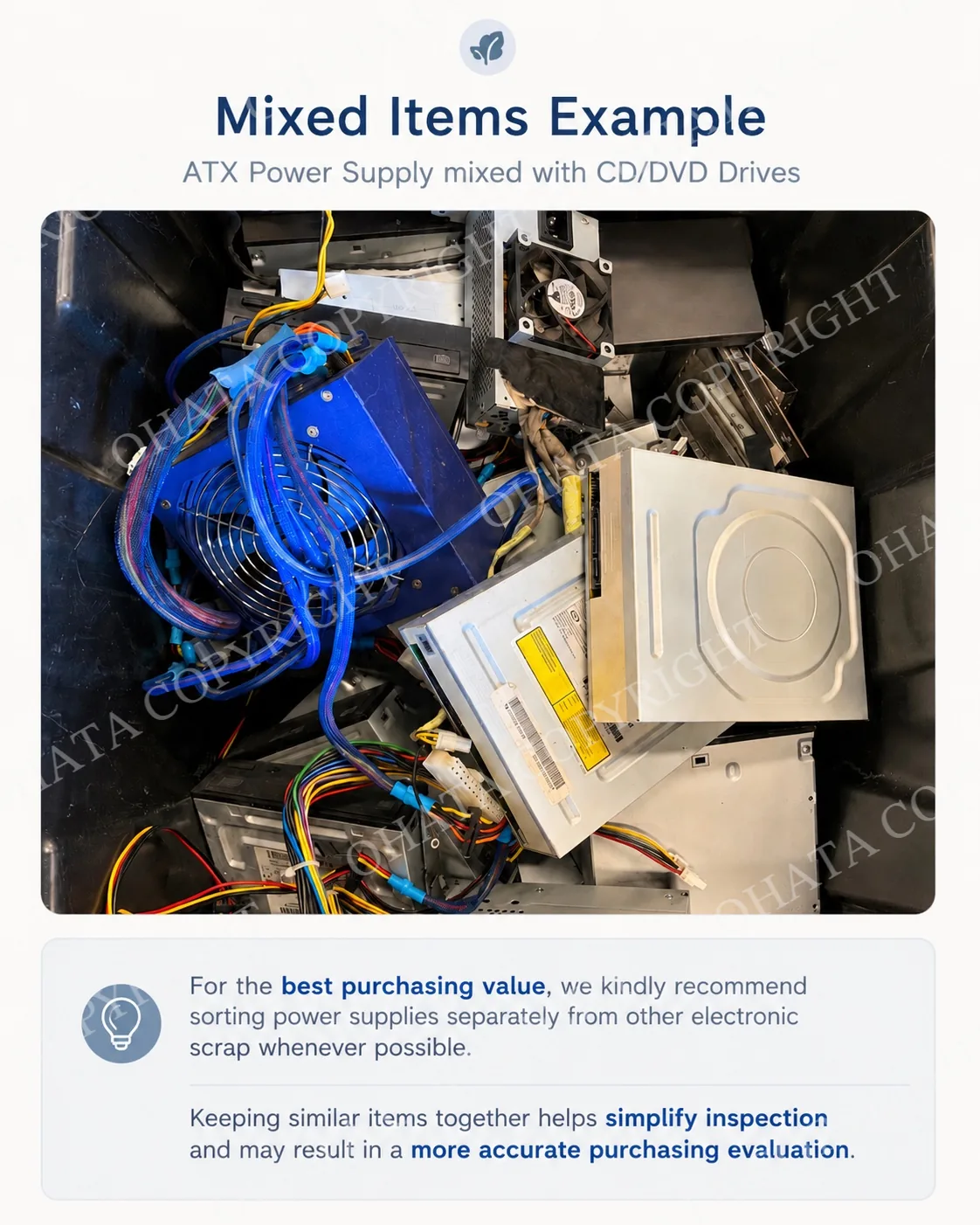 Sorted desktop ATX power supplies for electronic scrap purchasing evaluation