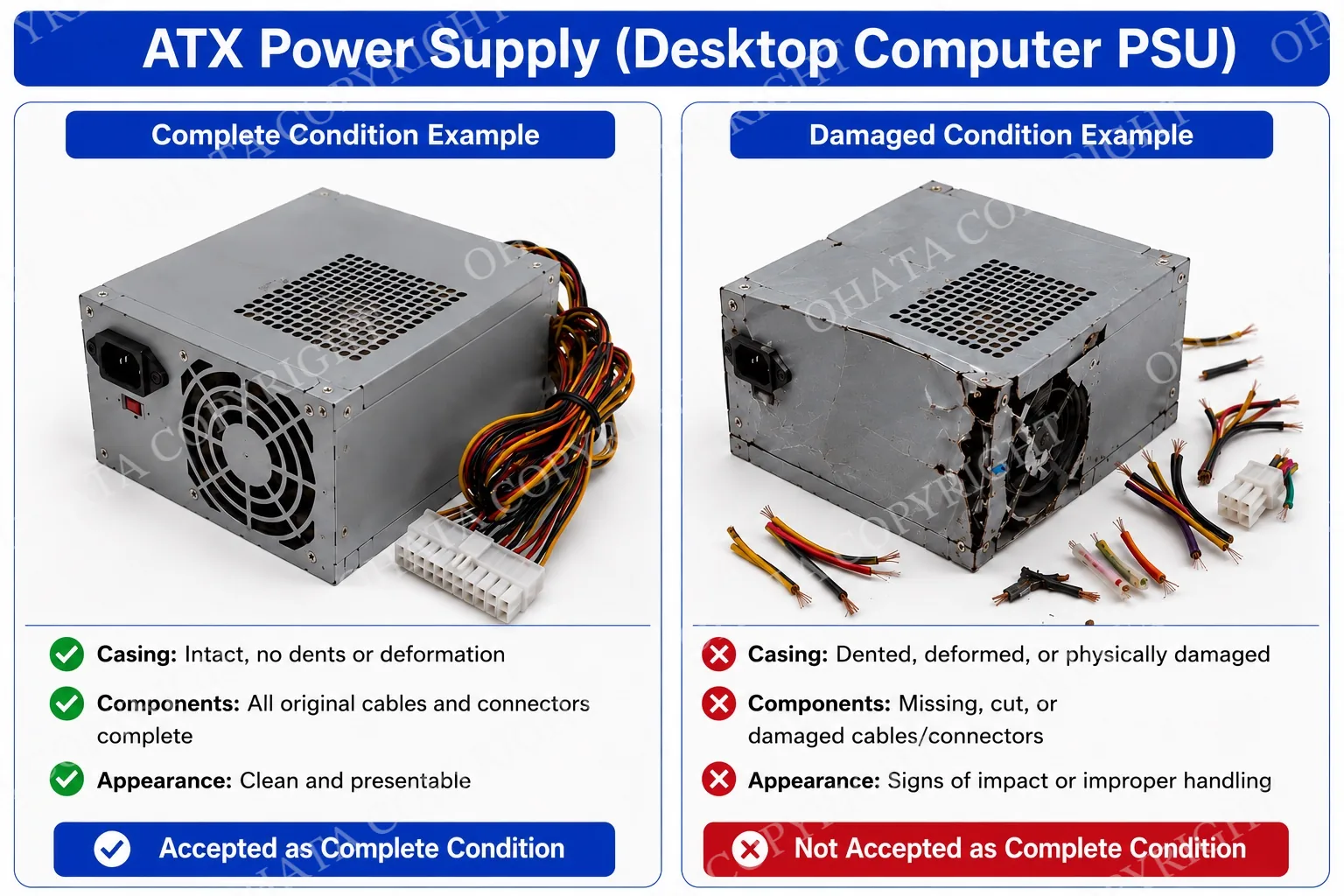 Complete and damaged desktop ATX power supply comparison showing acceptable and unacceptable purchasing conditions