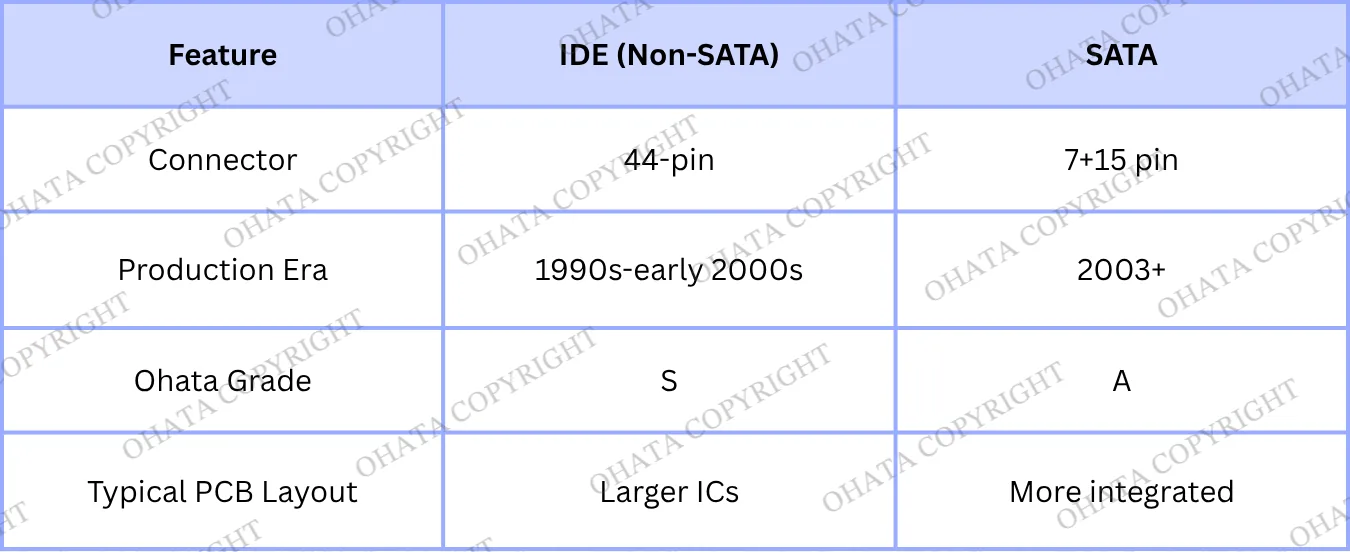SATA board and non-SATA board comparison chart