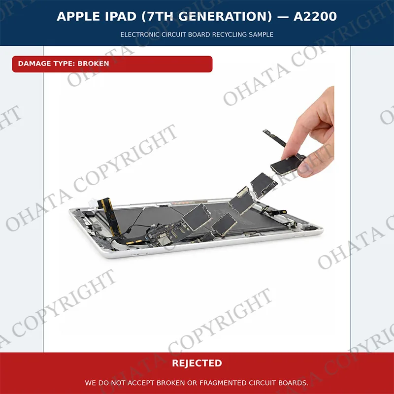 Open Apple iPad 7 with its internal mainboard and battery visible during disassembly.