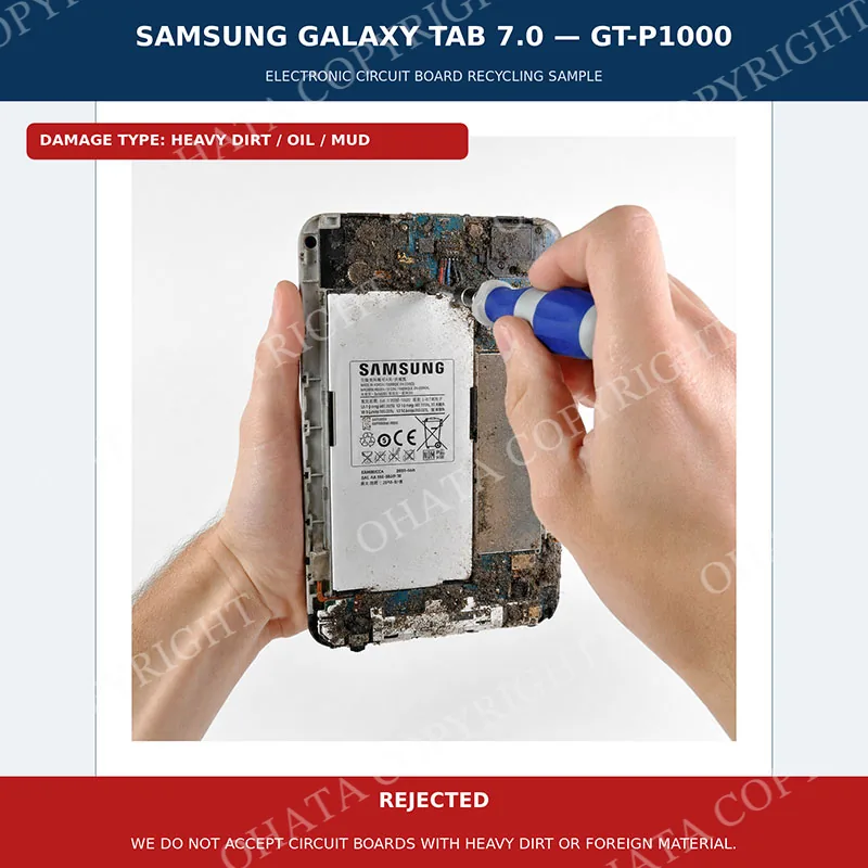 Open Samsung Galaxy Tab 7.0 with heavy dirt and debris covering its internal components.