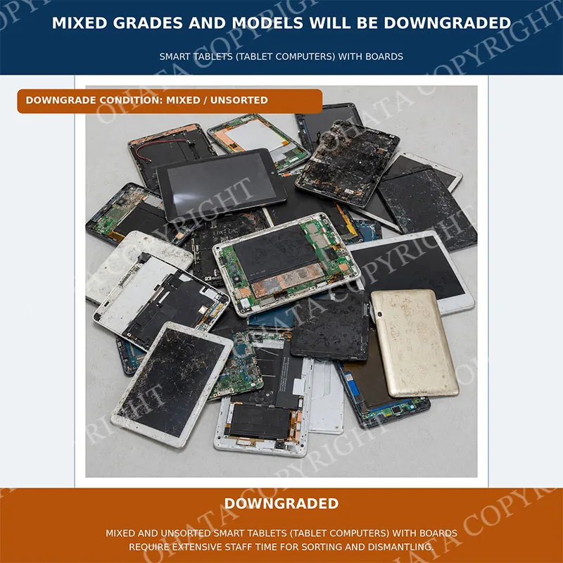 Mixed tablet computers, loose tablet boards, housings, and damaged devices combined in an unsorted pile.