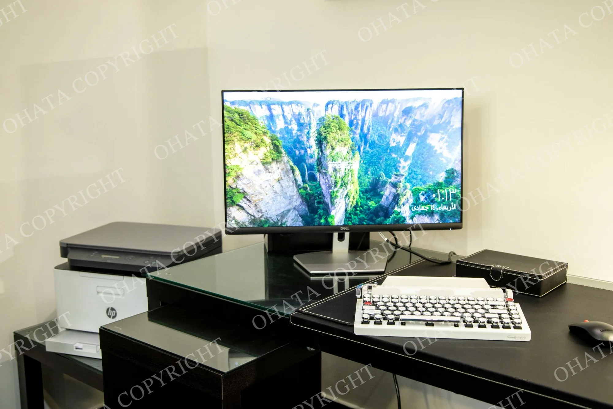 Dell flat-panel computer monitor displaying a landscape on an office desk