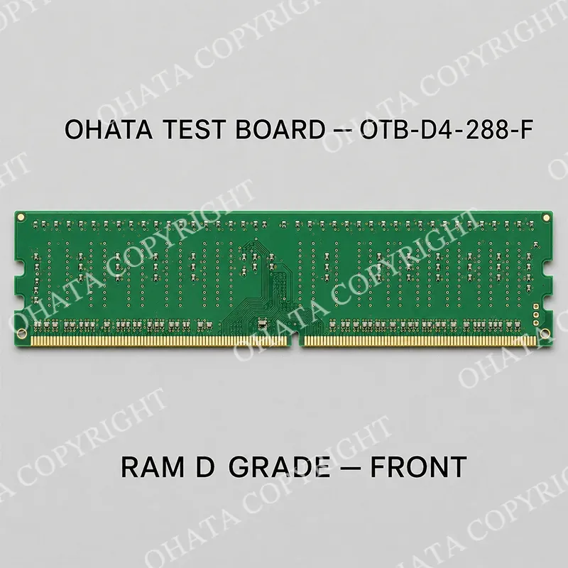 Front view of an Ohata OTB-D4-288-F RAM-format test board with plated edge contacts and no memory chips installed.