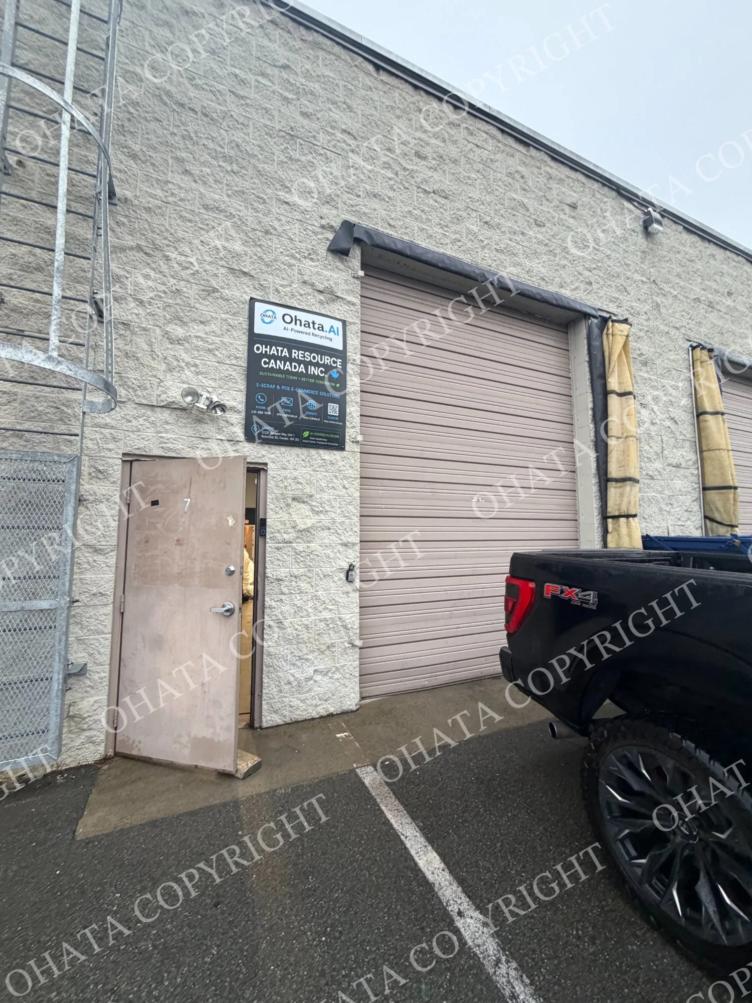 Rear warehouse entrance of Ohata Resource Canada’s Richmond yard.