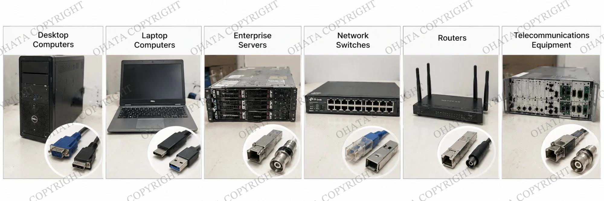 Reference chart showing desktop computers, laptops, enterprise servers, network switches, routers, and telecommunications equipment with representative connector types.