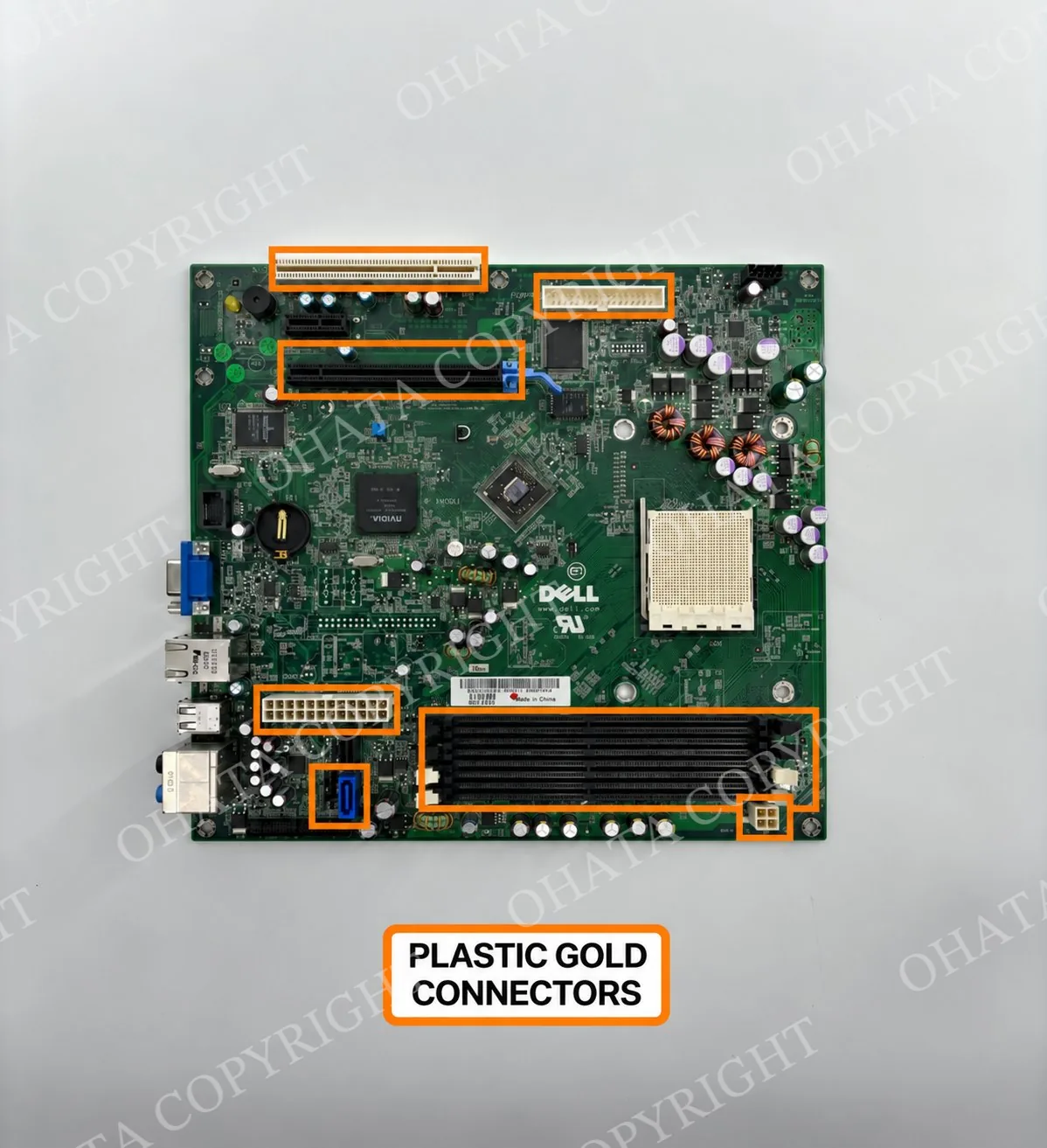 Dell motherboard with several plastic expansion slots, memory slots, power connectors, and board headers outlined in orange.