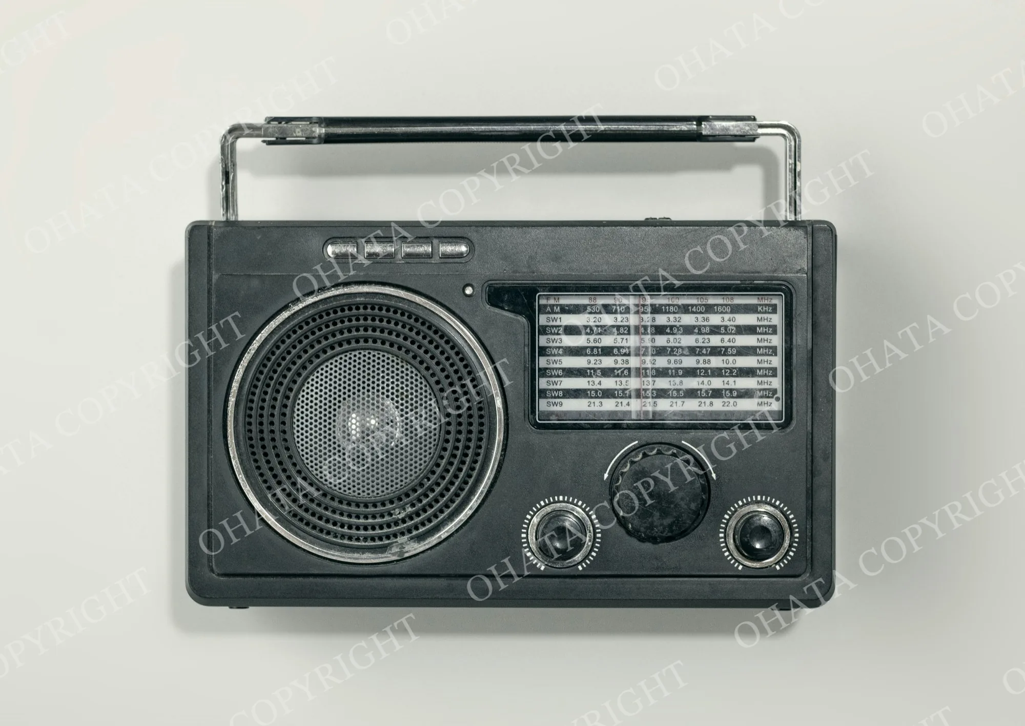 Black portable radio with a carrying handle, speaker, tuning dial, and AM, FM, and shortwave frequency display.