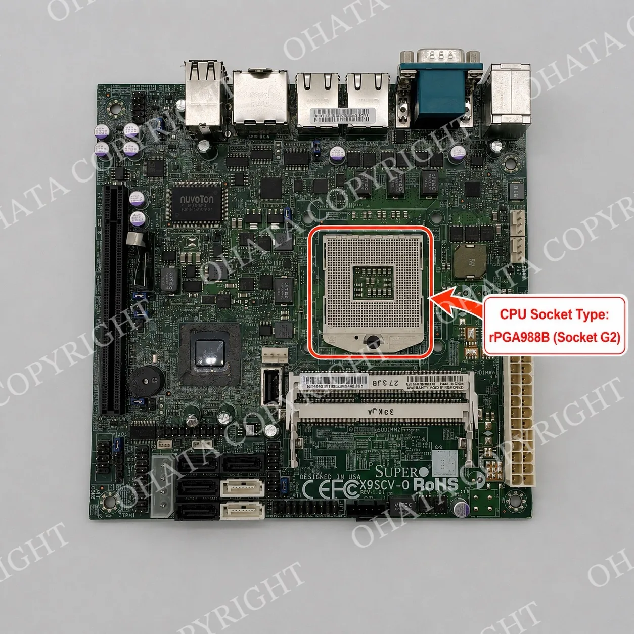 Supermicro X9SCV-Q Mini-ITX motherboard with its rPGA988B Socket G2 CPU socket outlined and labeled.