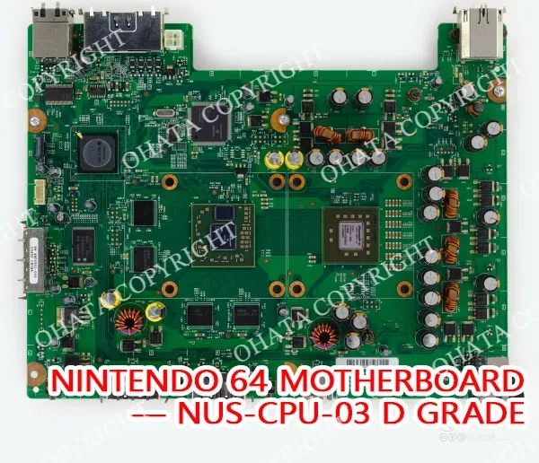 Nintendo 64 NUS-CPU-03 motherboard with its main processor packages, memory devices, power-regulation components, capacitors, coils, and connectors.