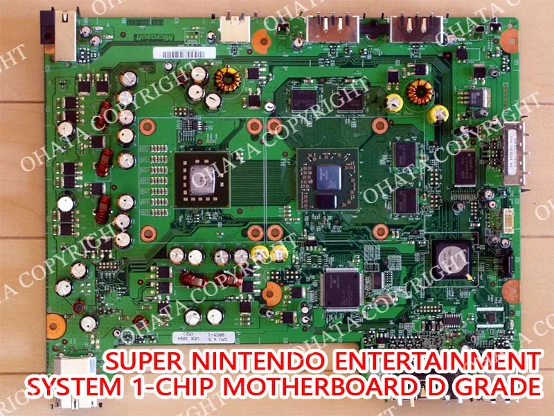 Super Nintendo Entertainment System 1-Chip motherboard with its main processors, memory devices, power circuitry, capacitors, coils, and external connectors.