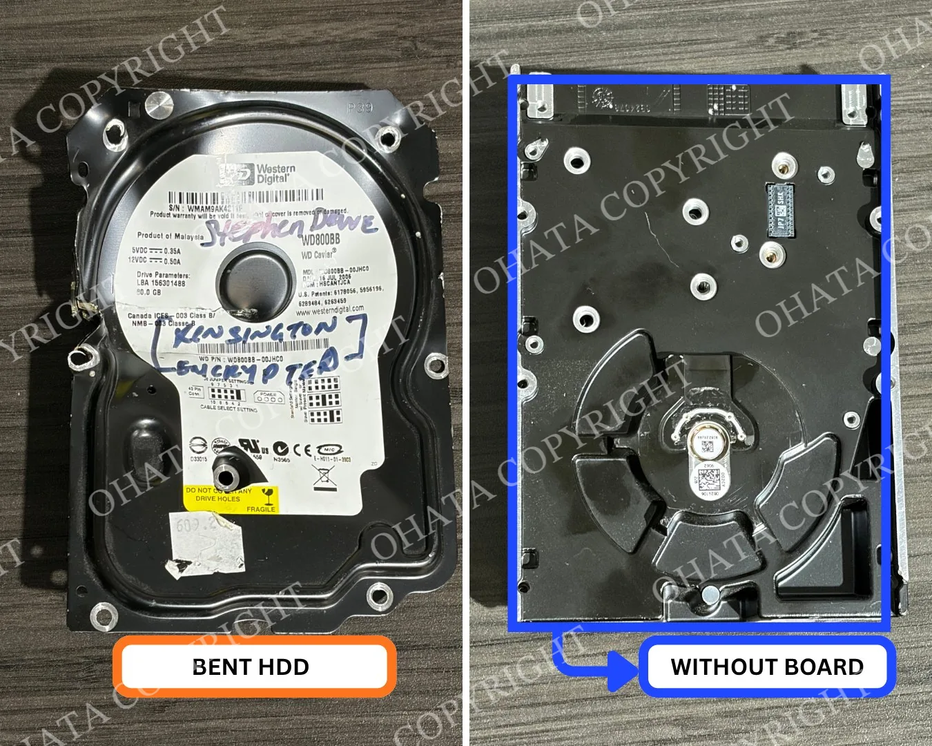 Bent hard disk drive with the external controller board removed from its underside.