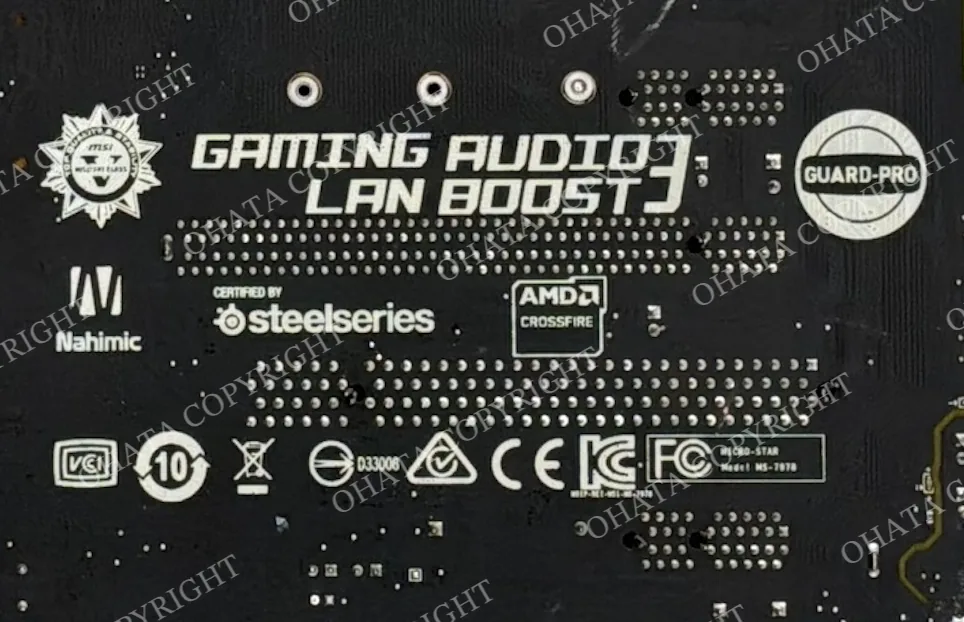 Rear motherboard markings showing MSI branding, AMD CrossFire support, WEEE, CE, FCC, and other regulatory symbols.