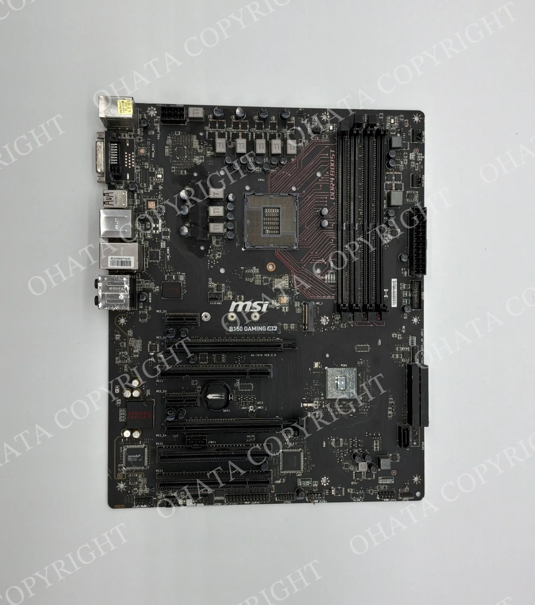 Front of an MSI B150 Gaming M3 motherboard showing the model name, MS-7978 revision marking, component designators, slots, and connectors.