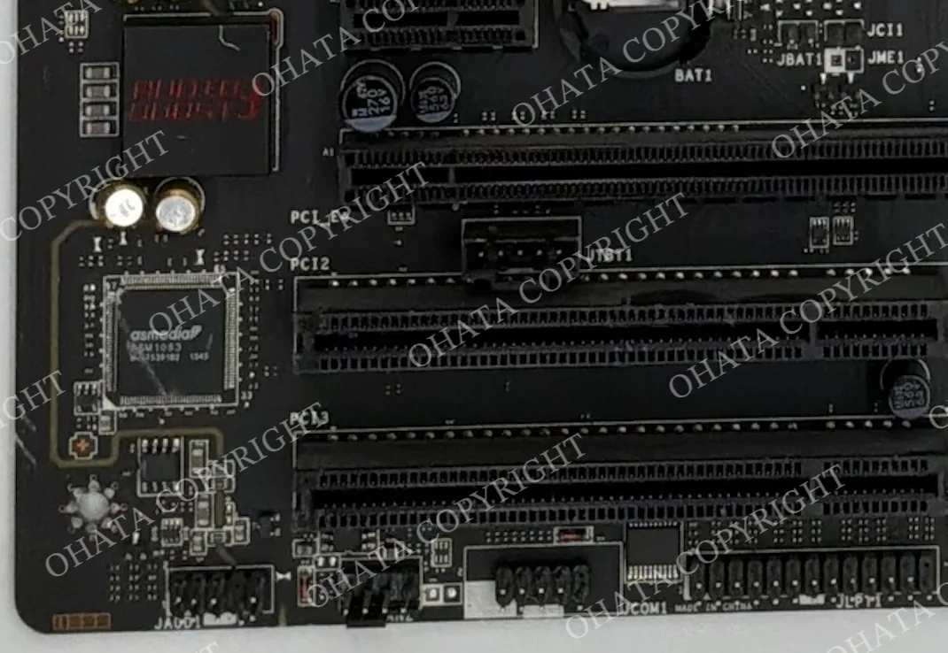 Close-up of PCI slots, headers, an ASMedia controller chip, and printed connector labels on an MSI motherboard.