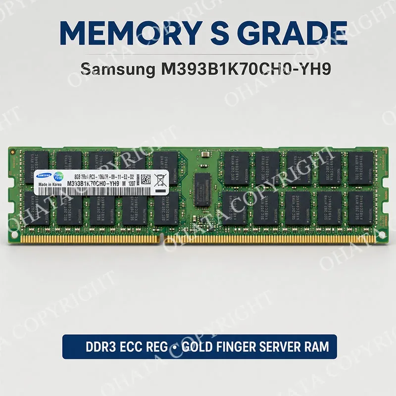 Samsung DDR3 ECC registered server memory module with multiple black memory chips and gold-plated edge contacts.