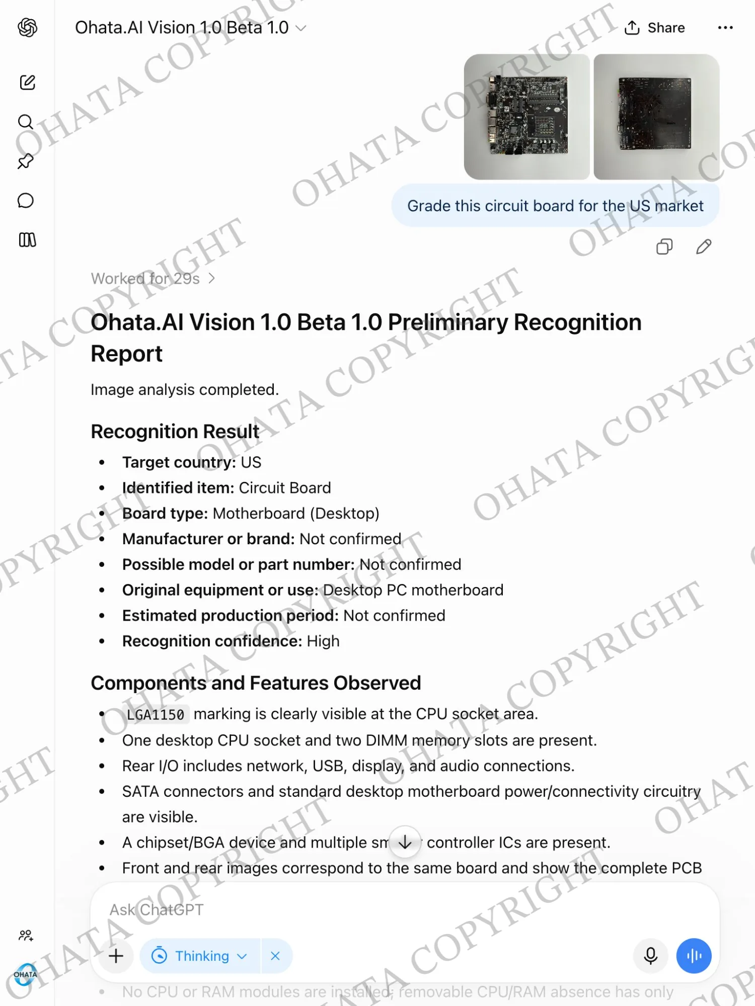 Ohata.AI Vision preliminary recognition report identifying a photographed circuit board as a desktop computer motherboard with an LGA1150 CPU socket.