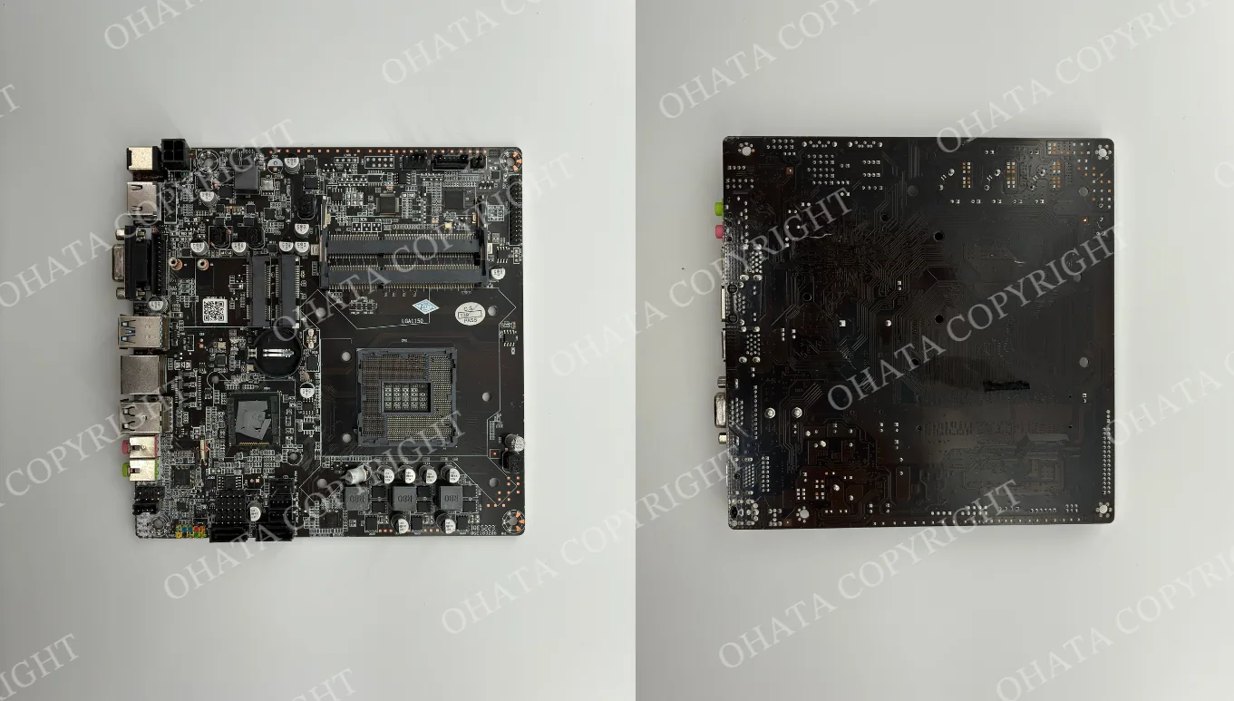 Front and back views of a black desktop computer motherboard with an LGA1150 CPU socket, two memory slots, expansion slots, and rear input and output ports.