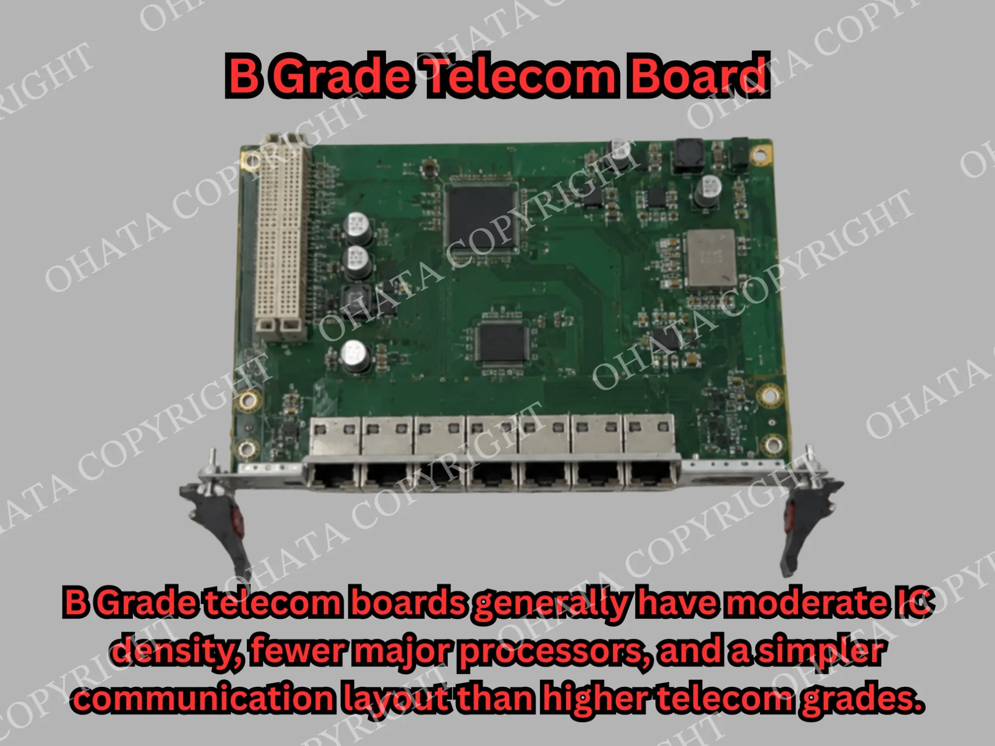 B Grade telecom board with moderate IC density, several network ports, a main controller, and simpler supporting circuitry.