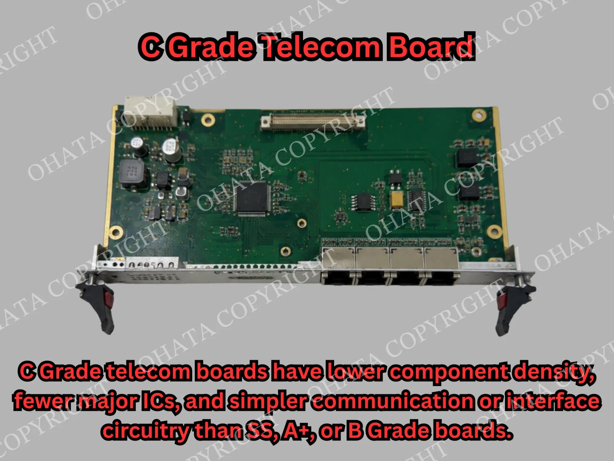 C Grade telecom board with low component density, a few major ICs, several communication ports, and large open PCB areas.