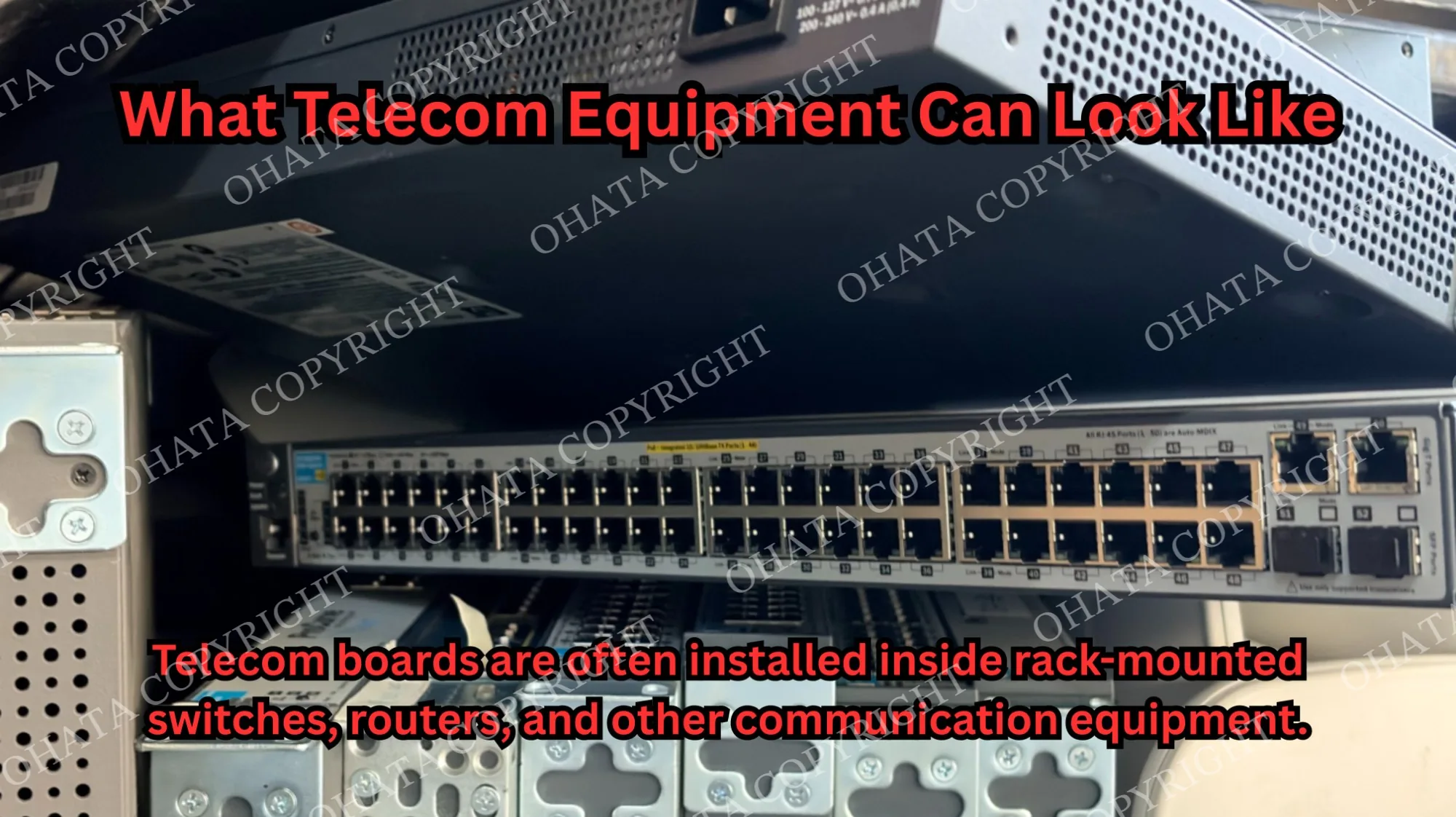 Rack-mounted enterprise network switch with multiple Ethernet ports, shown as an example of equipment that may contain telecom boards.