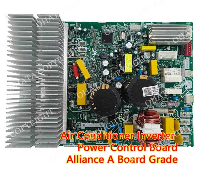 Air-conditioner inverter power-control board with large aluminum heatsinks, control ICs, capacitors, relays, coils, and wiring connectors.