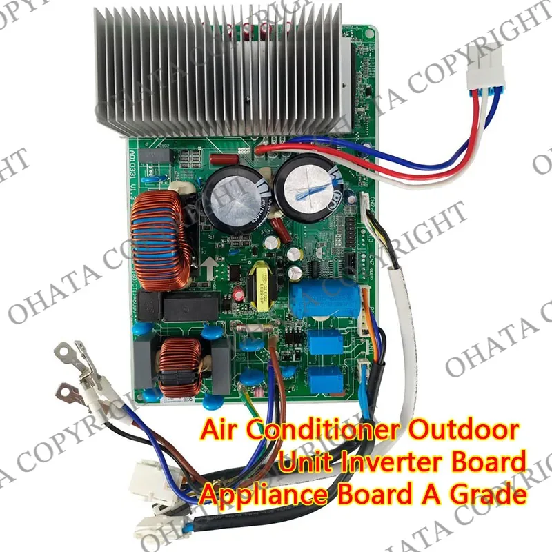 Air-conditioner outdoor-unit inverter board with a large aluminum heatsink, capacitors, copper coils, relays, and attached wiring.