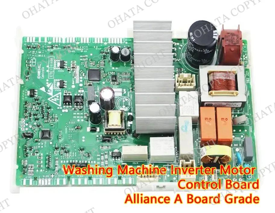 Washing-machine inverter motor-control board with integrated circuits, aluminum heatsinks, capacitors, transformer coils, relays, and connectors.