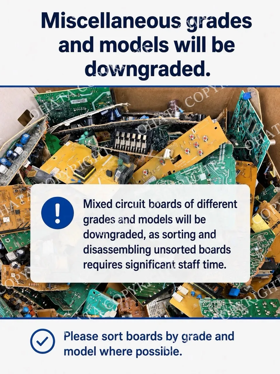 Container filled with mixed green and yellow circuit boards of different grades, functions, and component layouts.