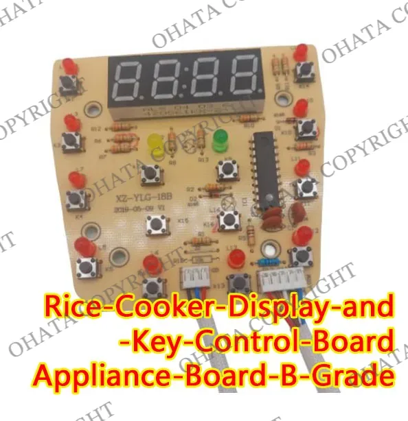 Rice-cooker display and key-control board with a digital display, push buttons, indicator lights, resistors, and one main control IC.