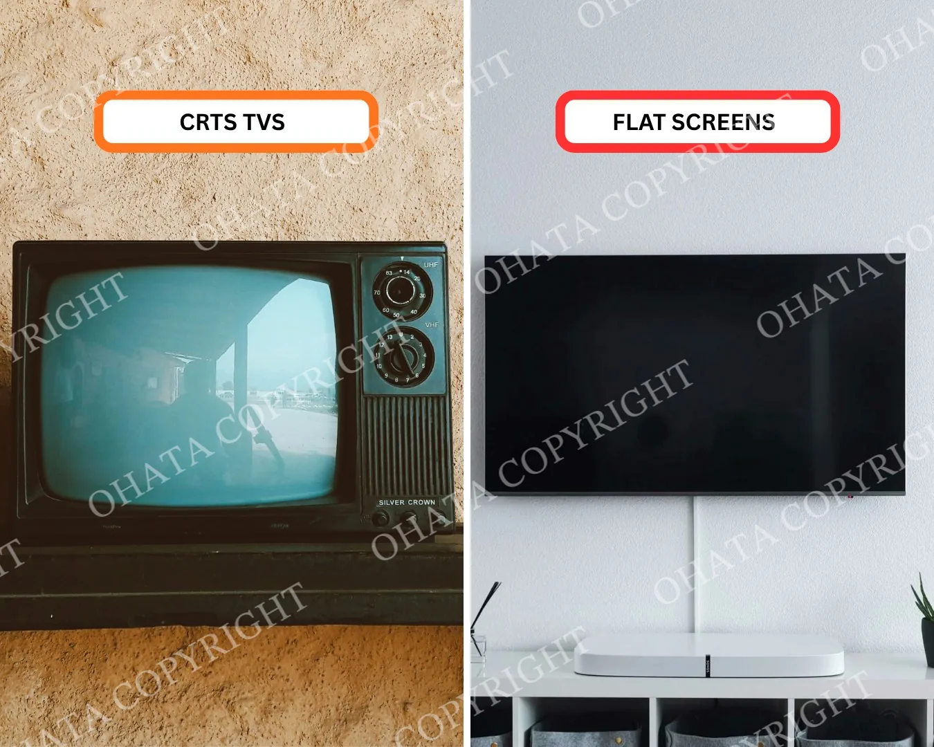 Side-by-side examples of a CRT television and a flat-screen television.