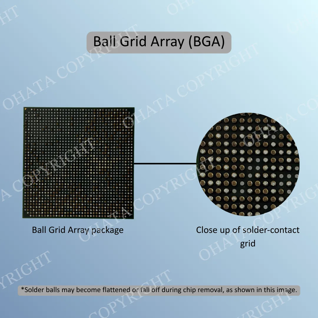Underside of a removed BGA chip with a grid of solder contacts shown in a magnified close-up.