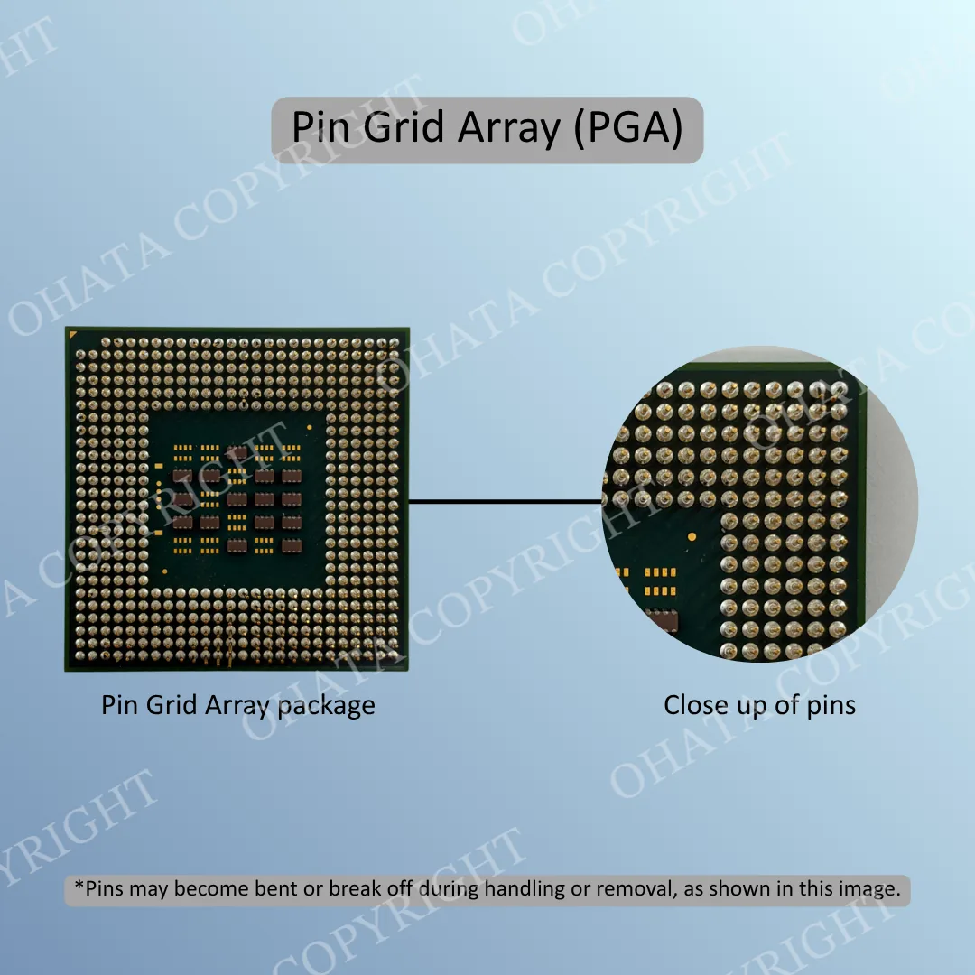 PGA processor underside with projecting pins and a magnified view of bent and missing pins.