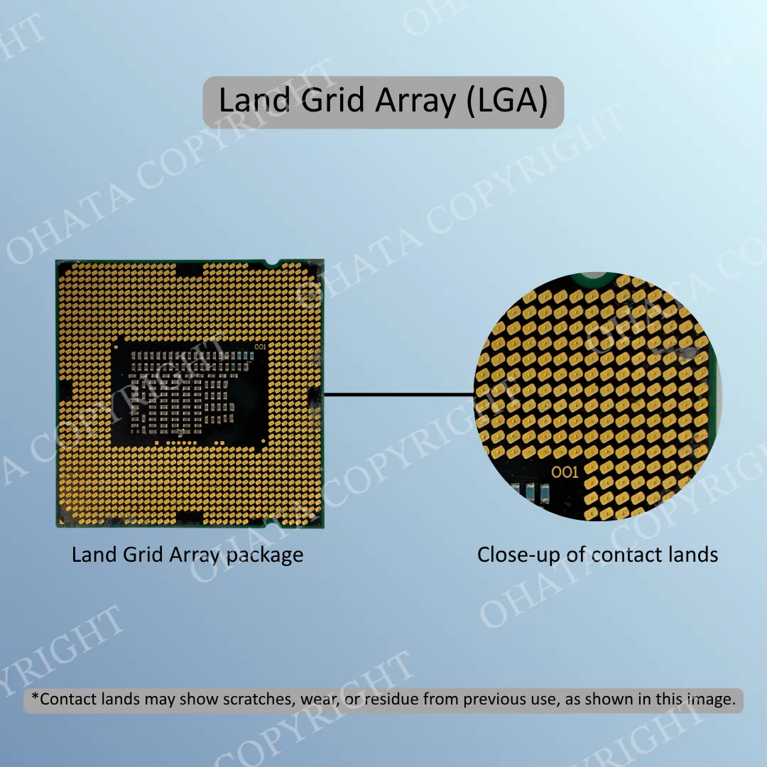 LGA processor underside with flat gold-colored contact lands shown in a magnified close-up.