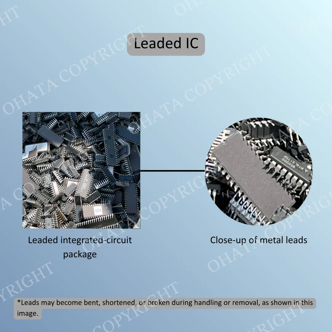 Mixed black integrated-circuit packages with metal leads extending from their sides.