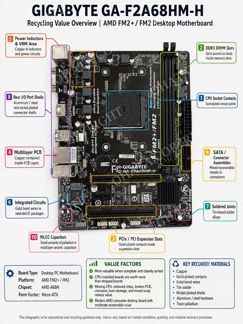 GIGABYTE GA F2A68HM H desktop computer motherboard Recycling Value Overview