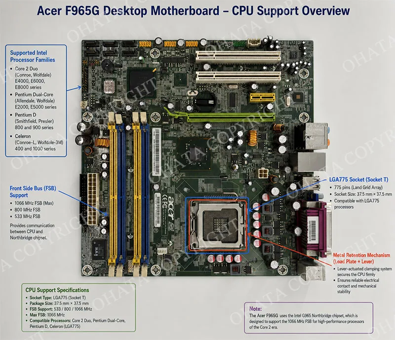 Intel G965 northbridge, ICH8 southbridge and four DDR2 DIMM slots on Acer F965G