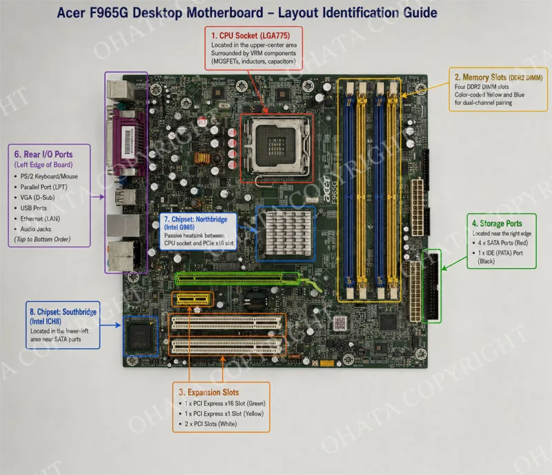 Acer F965G PCIe x16, PCIe x1, PCI slots, SATA ports and PATA connector