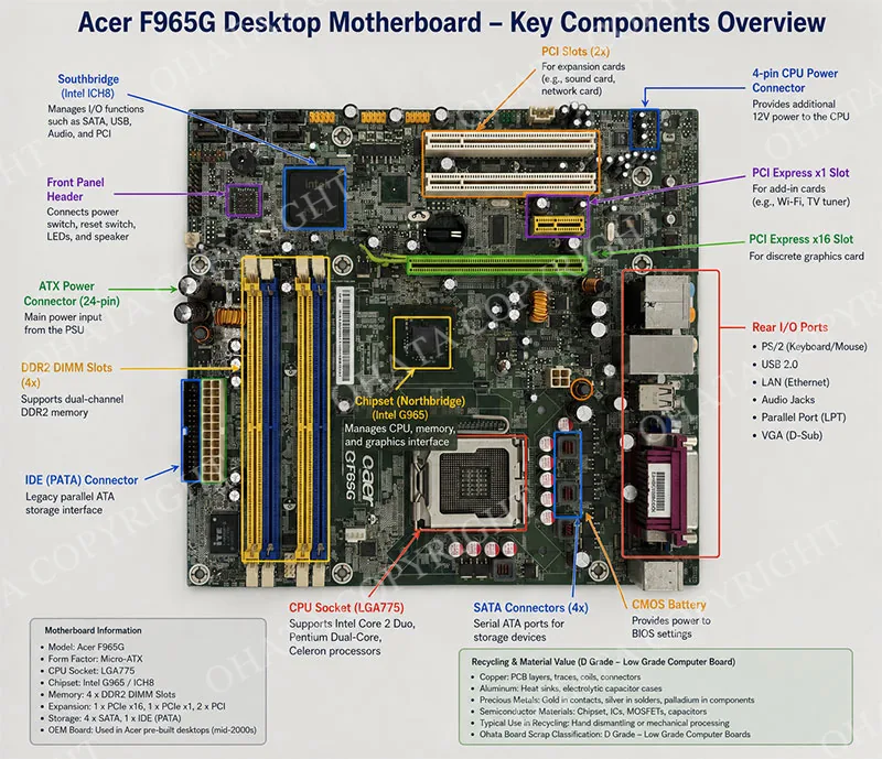 Acer F965G PCB silkscreen and LGA775 socket overview
