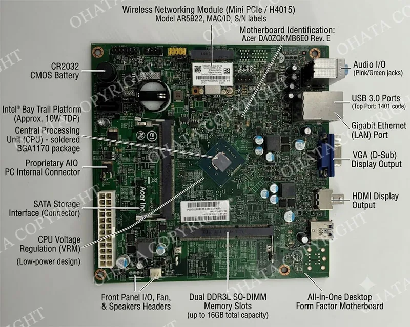 Acer DA0ZQKMB6E0 Rev. E board overview with PCB marking and Bay Trail SoC