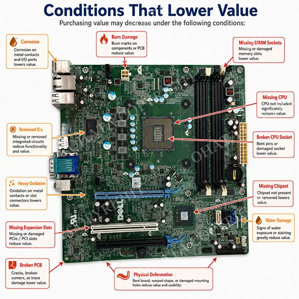Dell OptiPlex 790 motherboard showing missing parts or damage that lowers value