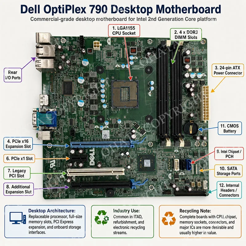 Dell OptiPlex 790 motherboard full-board view with Dell part-number label