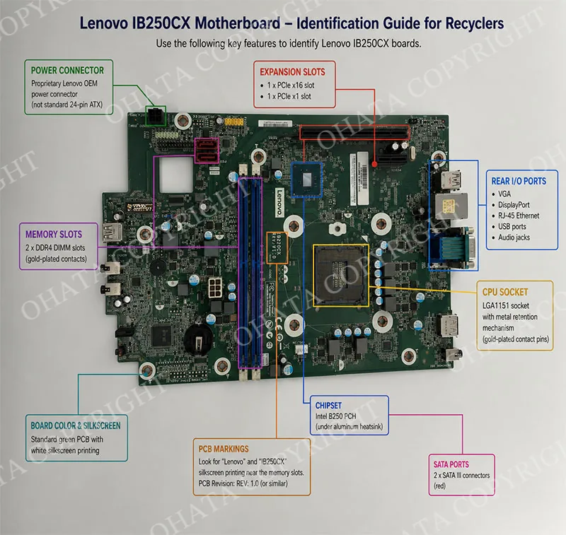 Lenovo IB250CX identification view showing PCIe slots, SATA ports and Lenovo power connector