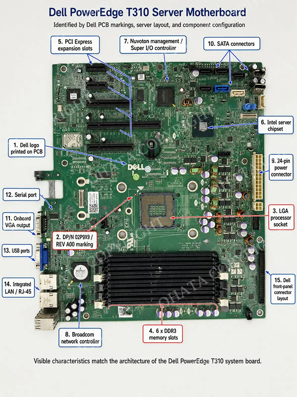Dell PowerEdge T310 system board showing the LGA1156 socket and six DDR3 DIMM slots