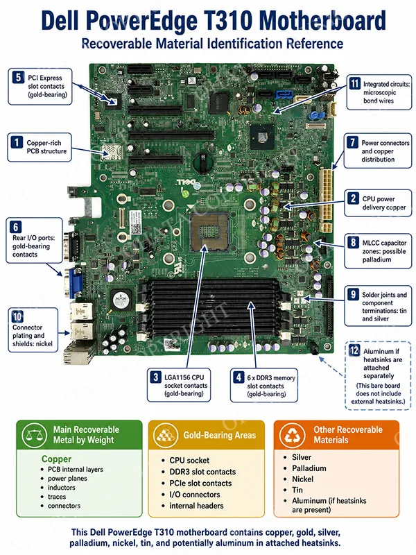 Gold-bearing socket, DIMM and PCIe contact areas on a Dell PowerEdge T310 board