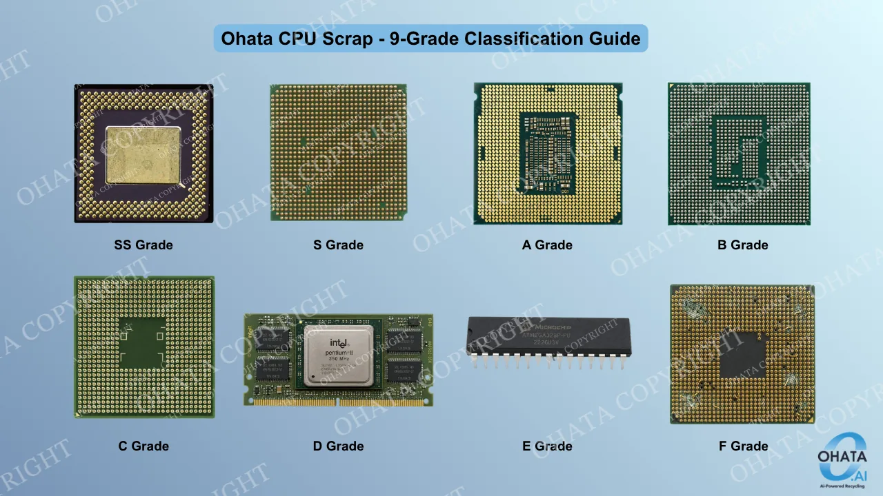 Visual comparison of CPU scrap examples labeled SS, S, A, B, C, D, E, and F Grade, including ceramic, pin-grid, fiber, BGA, cartridge, plastic, and damaged processors.