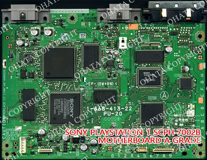 Sony PlayStation 1 SCPH-7002B motherboard with its main processor, graphics and sound chips, memory, and connectors.