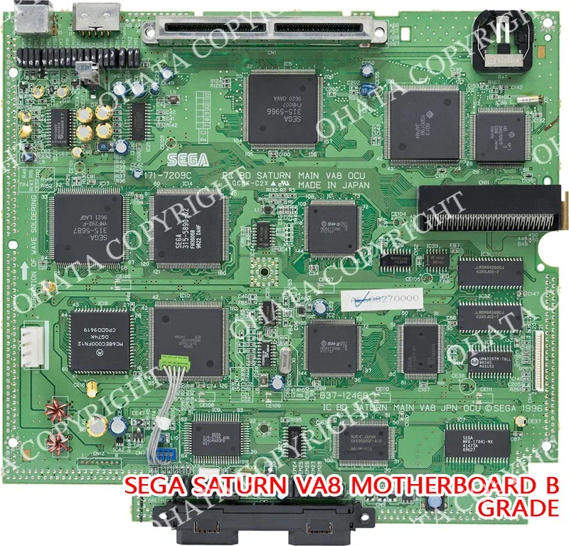 Sega Saturn VA8 motherboard with several large processors and controller ICs, memory devices, cartridge connectors, and supporting circuitry.