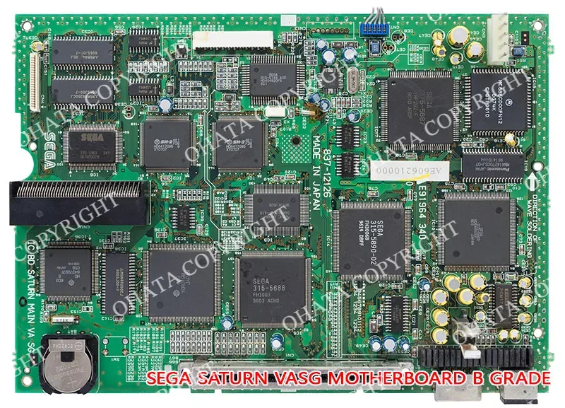Sega Saturn VASG motherboard with multiple large integrated circuits, memory chips, connectors, capacitors, and supporting components.
